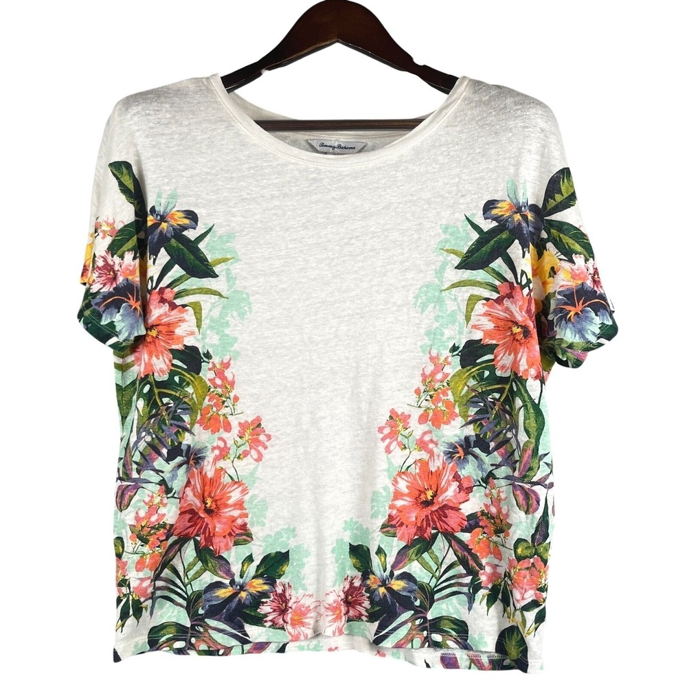 Tommy Bahama Womens M Linen Floral Tropical Island Beach Resort Tee Shirt Top